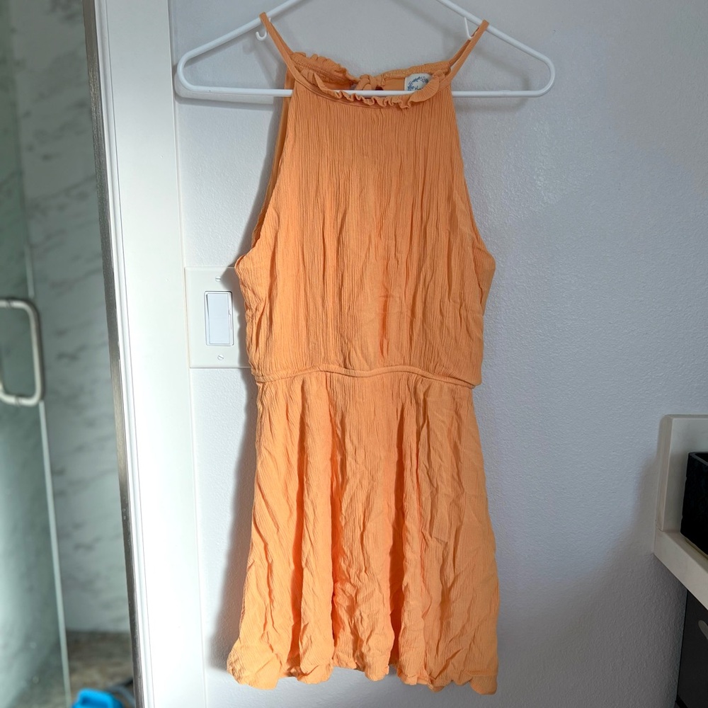 Indie Boho Orange Mini Dress with Ruffles and tie back